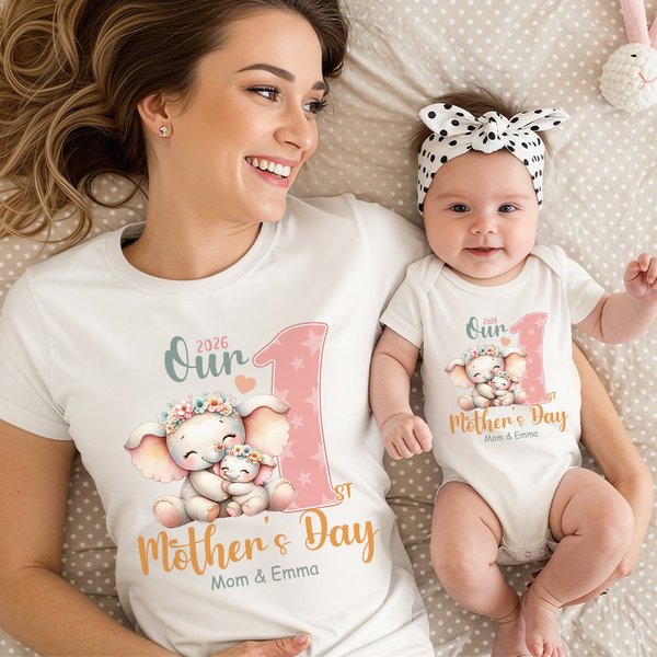 Personalized Cute Animals 100% Cotton Baby Bodysuit Matching T-shirt with Names and Date First Mother's Day Gift for Newborn New Mom