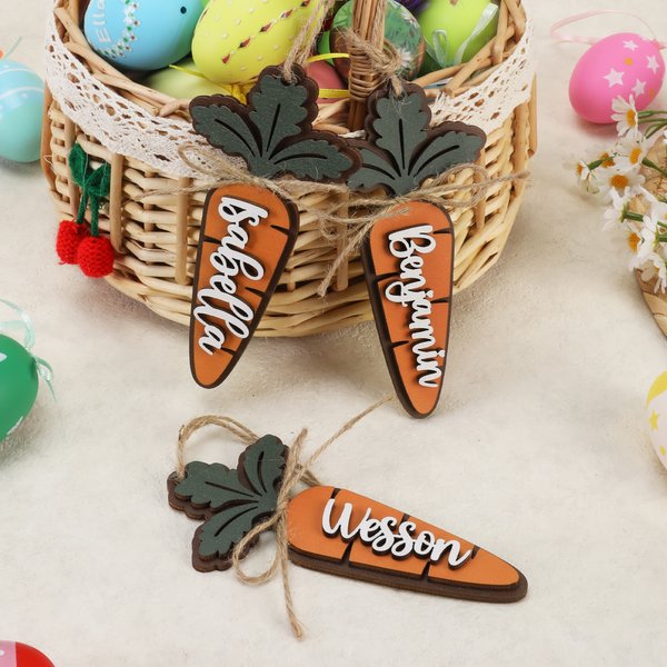 Personalized Carrot-Shaped Wooden Name Tag Basket Decor Easter Gift for Boys Girls