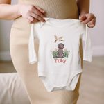 Personalisierte gestickten Stockente Hund 100% Baumwolle Baby Bodysuit mit Namen Baby Dusche Geburtstag Geschenk für Babys Neugeborene