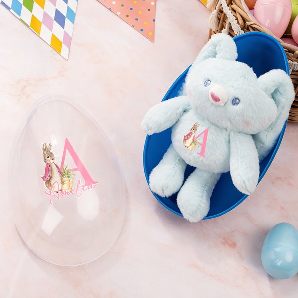 Personalized Cute Peter Rabbit Bunny Initial Fillable Jumbo Easter Egg and Stretchable Plush Bunny Keychain Set Birthday Party Favors Gift for Kids