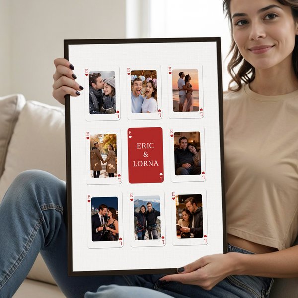 Personalised Playing Card Couple Photos Poster Painting Framed Painting with Initial and Text Valentine's Day Anniversary Gift for Couples Newlyweds