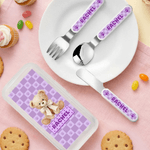Personalised Multi-Colour Cute Teddy Bear Kids Knife Fork Spoon Three-Piece Set with Name Daily Dining Birthday Gift for Children  Toddlers