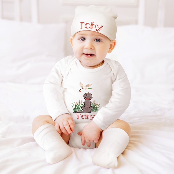 Personalisierte gestickten Stockente Hund 100% Baumwolle Baby Bodysuit mit Namen Baby Dusche Geburtstag Geschenk für Babys Neugeborene