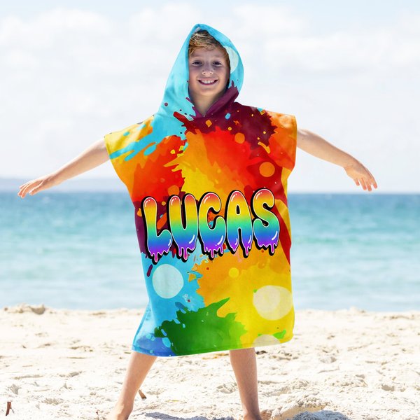 Personalisierter Badeponcho im Graffti-Stil | mit Farbverlauf-Regenbogen Namen | schnelltrocknend | Sommer Urlaub Geburtstag Geschenk für Kinder