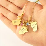 Personalised Engraved 1-3 Baby Foot Pendant Necklace with Birth Announcement and Birthstone Birthday Baby Shower Gift for Kid New Mom