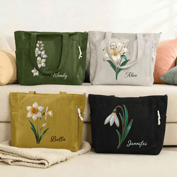 Personalised Birth Flower Large Capacity Corduroy Tote Bag with Name Daily Use Commuting Travel Birthday Gift for Women Office Workers