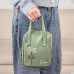 Personalised Birth Flower PU Leather Handheld Makeup Bag with Name Birthday Anniversary Gift for Women