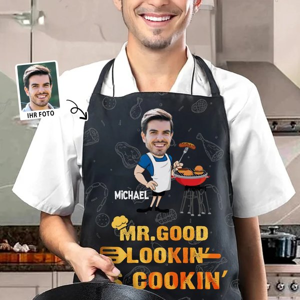 Personalisierte Grillschürze im Mr-Good-Lookin-Cookin-Design mit Gesicht und Namen Herrenschürze Vatertag Geburtstag Geschenk für Herren Grillmeister