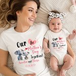 Body bébé ou T-shirt adulte 100% coton personnalisé avec motif éléphant et noms - Cadeau d'anniversaire pour maman et nouveau-né