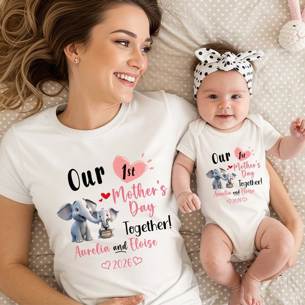 Body bébé ou T-shirt adulte 100% coton personnalisé avec motif éléphant et noms - Cadeau d'anniversaire pour maman et nouveau-né