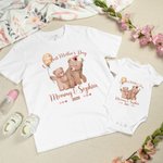 Personalized Watercolor Cute Bears 100% Cotton T-Shirt Baby Onesie Bib with Name Our First Mother's Day Gift for Mom Baby