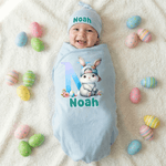 Personalised Cute Easter Bunny 100% Cotton Baby Romper Hat Blanket Outfit with Gift Box and Name Easter Birthday Gift for Newborn