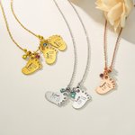 Personalised Engraved 1-3 Baby Foot Pendant Necklace with Birth Announcement and Birthstone Birthday Baby Shower Gift for Kid New Mom
