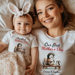 Personalisierte niedliche Pinguine Design 100% Baumwolle weiches Baby Bodysuit Erwachsene T-Shirt mit Namen und Jahr unsere erste Muttertag Geschenk für Baby Neugeborenen Mama