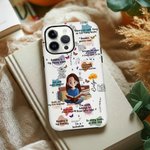 Personalised Cartoon Reading Girl Character Birth Flower Phone Case for iPhone Samsung with Name Daily Use Birthday Gift for Book Lovers