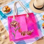 Personalized Birth Flower Neon Laser Clear Tote Bag with Name Birthday Summer Vacation Party Gift for Women