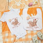 Personalized Watercolor Cute Bears 100% Cotton T-Shirt Baby Onesie Bib with Name Our First Mother's Day Gift for Mom Baby