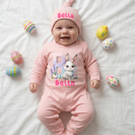 Personalised Cute Easter Bunny 100% Cotton Baby Romper Hat Blanket Outfit with Gift Box and Name Easter Birthday Gift for Newborn