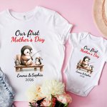 Personalisierte niedliche Pinguine Design 100% Baumwolle weiches Baby Bodysuit Erwachsene T-Shirt mit Namen und Jahr unsere erste Muttertag Geschenk für Baby Neugeborenen Mama