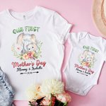 Personlig Vår första mors dag Baby Onesie med söt djur och namn Mors dag present till nyfödd