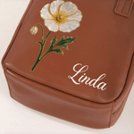 Personalised Birth Flower PU Leather Handheld Makeup Bag with Name Birthday Anniversary Gift for Women