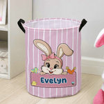 Personalized Cute Bow Hat Rabbit Stripe Storage Laundry Basket with Handle and Name Daily Use Easter Day Gift for Kids