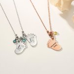 Personalised Engraved 1-3 Baby Foot Pendant Necklace with Birth Announcement and Birthstone Birthday Baby Shower Gift for Kid New Mom