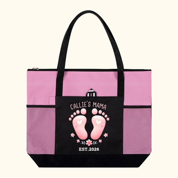 Personalized Cute Pink Blue Baby Footprint Tote Bag with Name and Year Baby Shower Birthday Gift for Baby New Mom