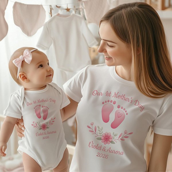 Personlig babyfotavtryck första mors dag ren bomull mamma T-shirt och baby body set med namn födelsedag mors dag present till mamma baby