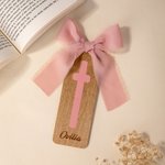 Personalised Ribbon Bow Bible Verse Cross Wooden Bookmark with Engraved Name Birthday Religious Baptism Gift for Family Christians