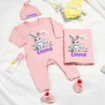 Personalised Cute Easter Bunny 100% Cotton Baby Romper Hat Blanket Outfit with Gift Box and Name Easter Birthday Gift for Newborn