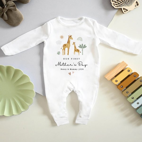 Personalized Cute Giraffe Rainbow 100% Cotton Baby Romper with Name and Year First Mother's Day Baby Shower Gift for Newborn