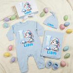 Personalised Cute Easter Bunny 100% Cotton Baby Romper Hat Blanket Outfit with Gift Box and Name Easter Birthday Gift for Newborn