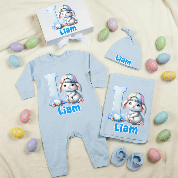 Personalized Cute Easter Bunny 100% Cotton Baby Romper Hat Blanket Outfit with Gift Box and Name Easter Birthday Gift for Newborn