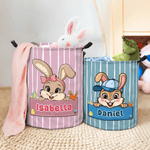 Personalized Cute Bow Hat Rabbit Stripe Storage Laundry Basket with Handle and Name Daily Use Easter Day Gift for Kids