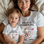 Personalized Mummy Baby Animals Moon Storytime 100% Cotton Baby Bodysuit Matching T-shirt with Name First Mother's Day Gift for Newborn New Mom