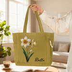 Personalisierte Cord Tragetasche mit Geburtsblume im Cloisonné-Effekt und Namen | großer Shopper | Tote Bag | Muttertag Geburtstag Geschenk für Frauen