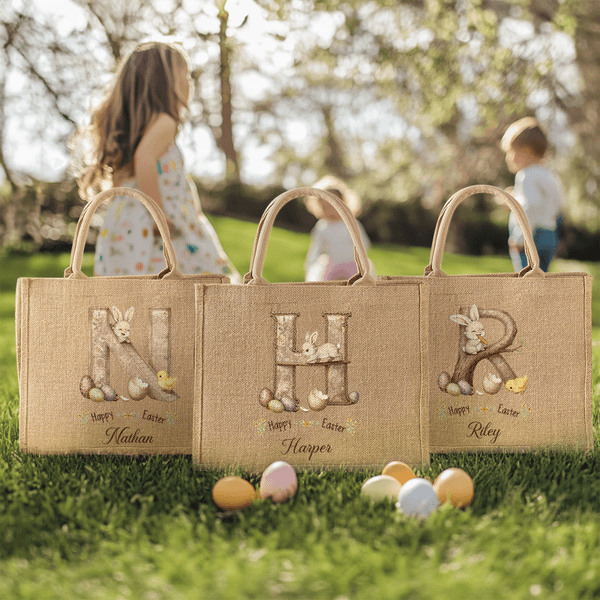 Henkilökohtainen Retro Style Happy Easter Bunny Chick Suuri Juutti Kangaskassi nimi ja Initial pääsiäinen osapuoli lahja pojille tytöille