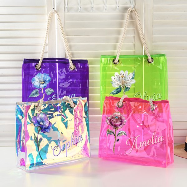 Personalized Birth Flower Neon Laser Clear Tote Bag with Name Birthday Summer Vacation Party Gift for Women