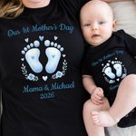 Personlig babyfotavtryck första mors dag ren bomull mamma T-shirt och baby body set med namn födelsedag mors dag present till mamma baby