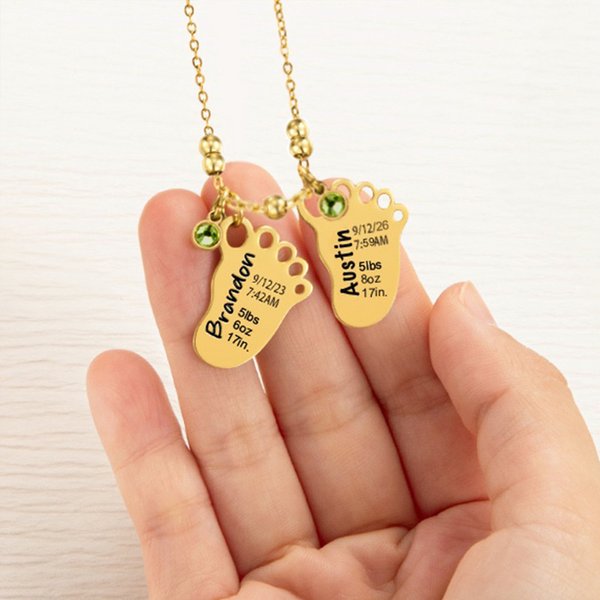 Collier de pied de bébé gravé 1-3 avec annonce de naissance et pierre d'anniversaire Cadeau de douche de bébé pour enfant et nouvelle maman