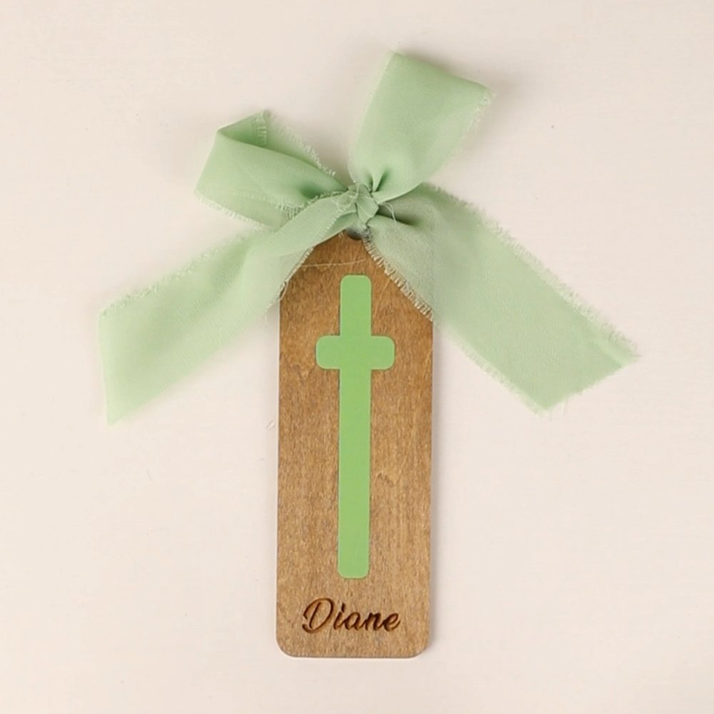 Personalized Ribbon Bow Bible Verse Cross Wooden Bookmark with Engraved Name Birthday Religious Baptism Gift for Family Christians 5