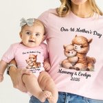 Personalizzato Design animale carino La nostra prima festa della mamma 100% cotone Baby Bodysuit Maglietta per adulti con nome Festa della mamma Regalo di compleanno per neonati Mamme