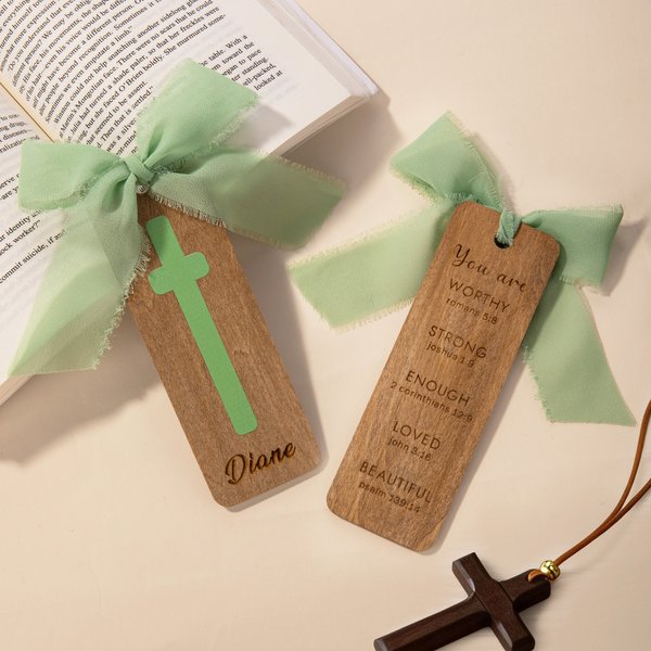 Personalised Ribbon Bow Bible Verse Cross Wooden Bookmark with Engraved Name Birthday Religious Baptism Gift for Family Christians