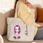 Bolso tote grande personalizado de pana con nombre flor de nacimiento y personaje de dibujos animados regalo de cumpleaños para mujeres
