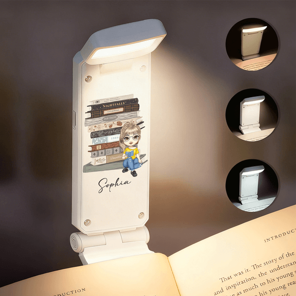 Personalized Vintage Book Cartoon Rechargeable 3 Color LED Book Light Clip with Name Daily Use Birthday Gift for Students Bookworms