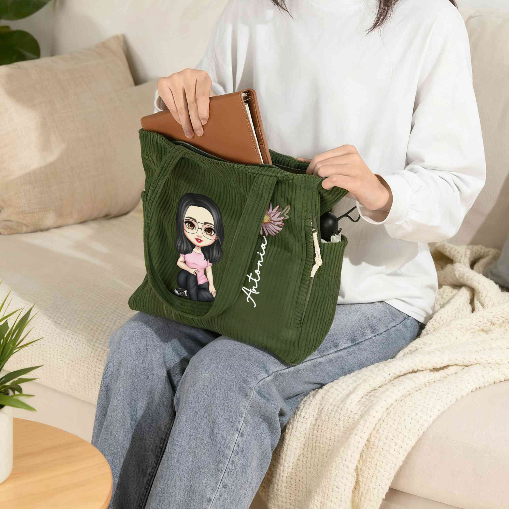 Bolso tote grande personalizado de pana con nombre flor de nacimiento y personaje de dibujos animados regalo de cumpleaños para mujeres