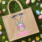 Personalized Happy Easter Sunglasses Bunny Large Jute Tote Bag with Name Easter Party Gift for Kids