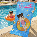 Personalisiertes Strandtuch in Übergröße mit Namen und Cartoonfigur im sommerlichen Design Optional mit Turnbeutel Sommerausflug Geschenk für Familie