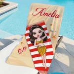 Personalisiertes Strandtuch in Übergröße mit Namen und Cartoonfigur im sommerlichen Design Optional mit Turnbeutel Sommerausflug Geschenk für Familie